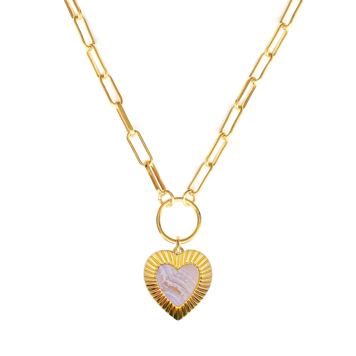 Gold chunky chain necklace with blue lace agate heart charm