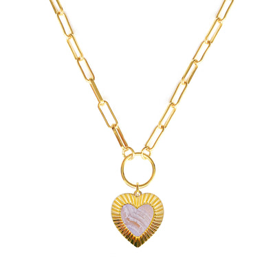 Gold chunky chain necklace with blue lace agate heart charm