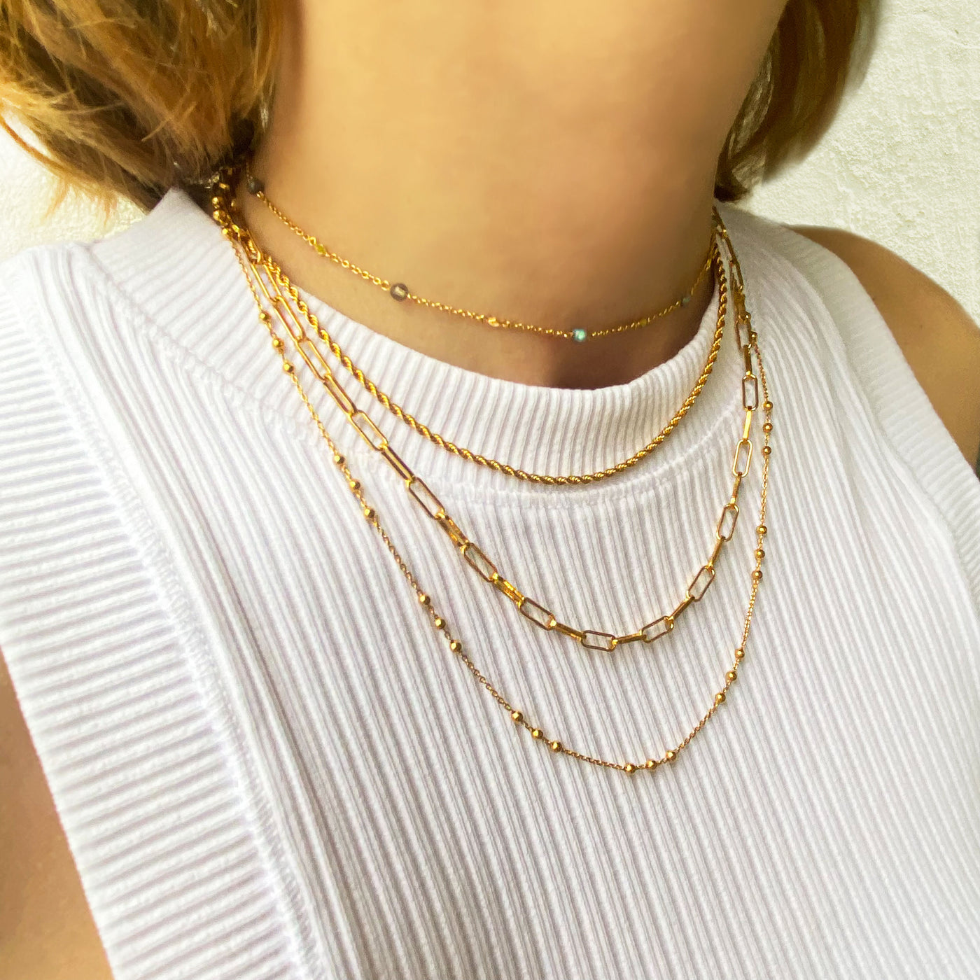Gold layered necklaces with labradorite choker, twist rope necklace, chunky chain and bobble chain